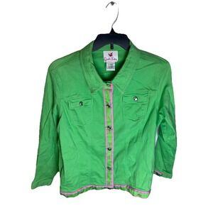 Quacker Factory‎ Green /Pink Denim Jacket W/Rhinestone Buttons Whale Print "XL"